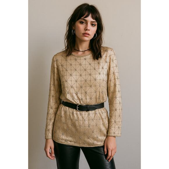 Vintage Cynthia Taylor Silk Beaded Top Womens Large Champagne Grid Pattern FLAW - Picture 1 of 10